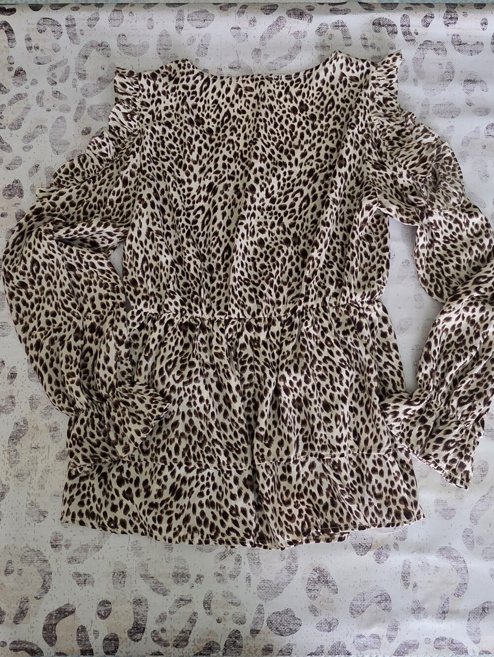 ODDY Leopard Print Ruffle Waist Blouse - Cream/Brown